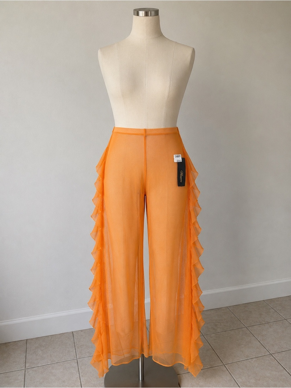 Ruffle-Trim Wide Leg Sheer Pants in Orange